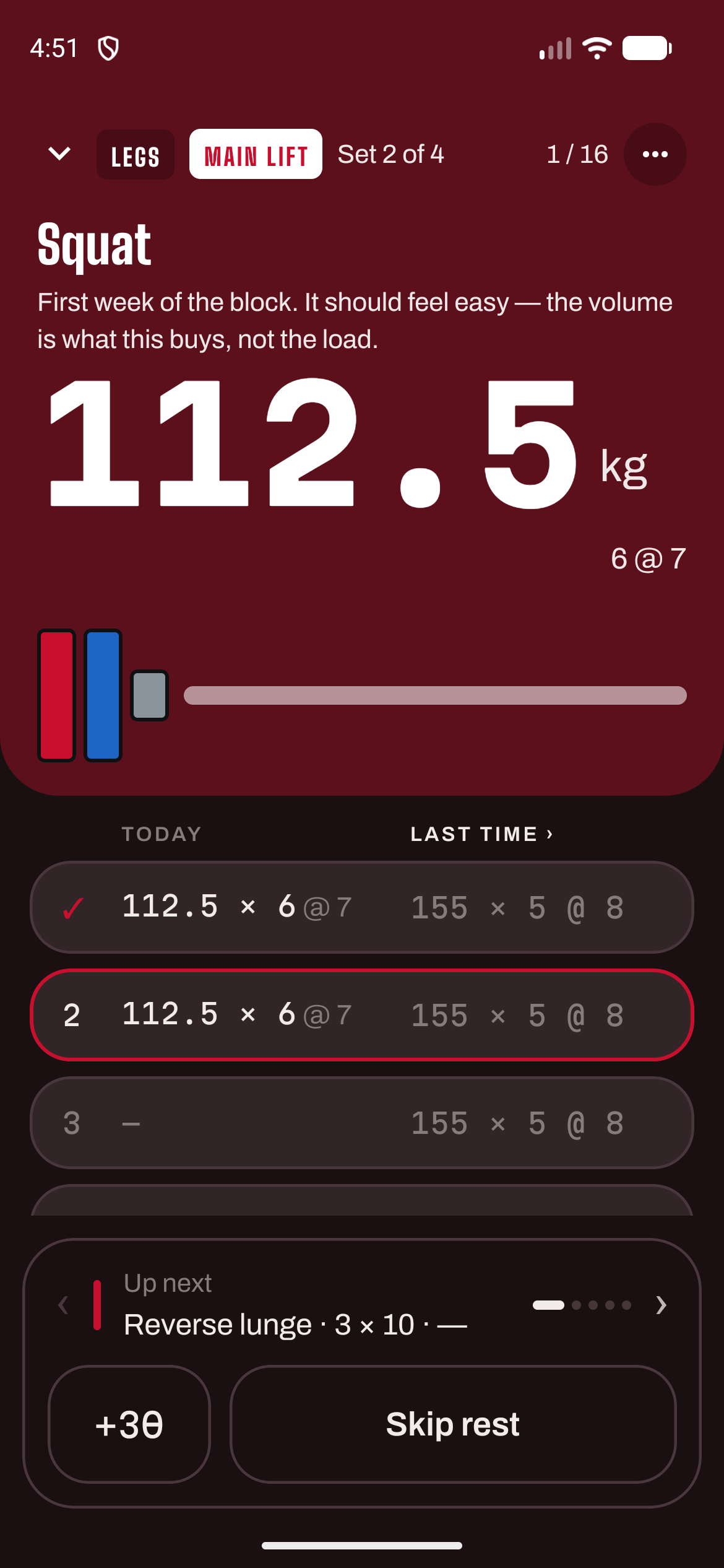 Squat, 112.5 kg for 6 at RPE 7, set 2 of 4, in the red LEGS block.