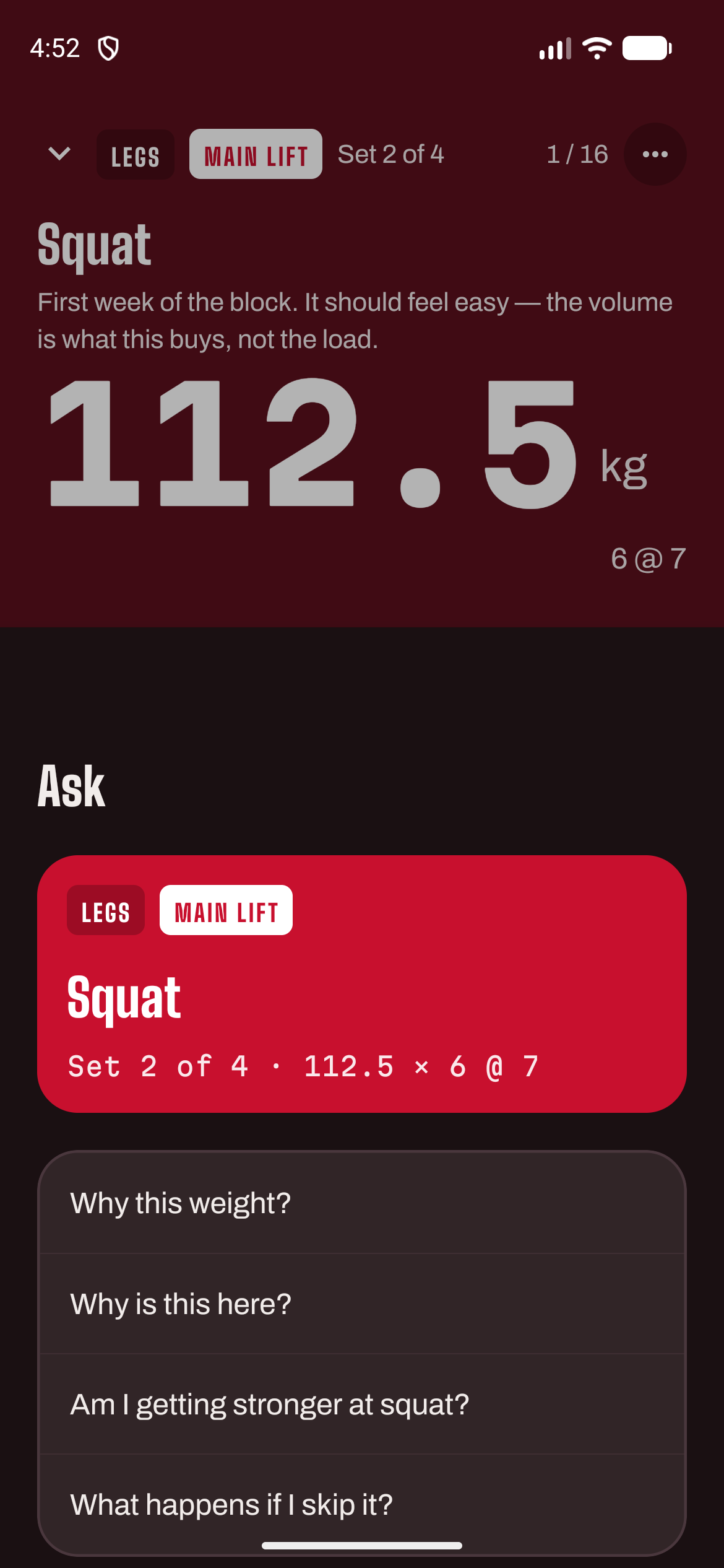 The Why sheet open over a squat: the rule, the evidence and what changed.